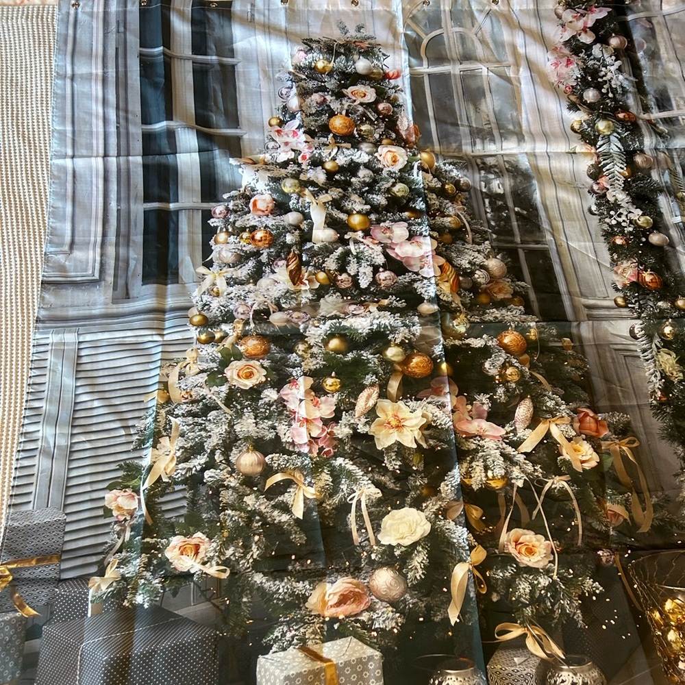 Elegant Holiday Christmas Tree Shower Curtain with Gold and Pink Accents